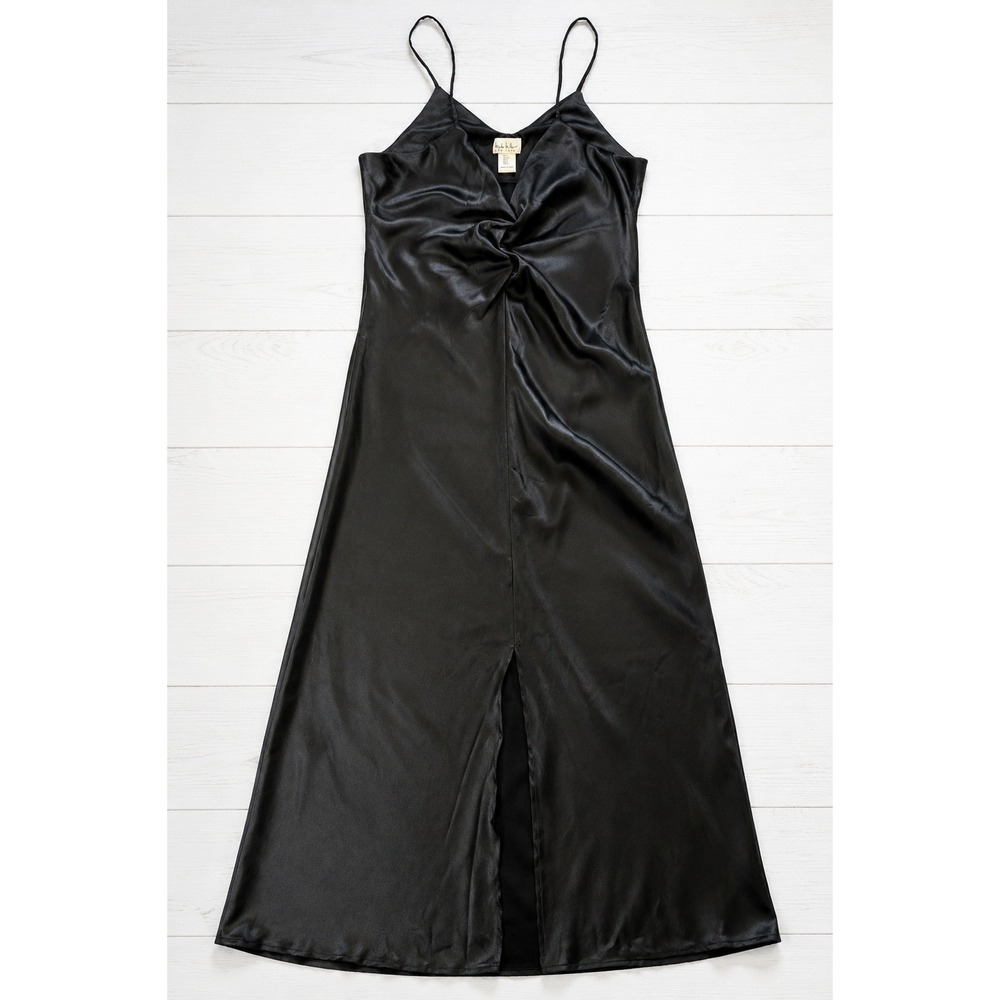 Nicole Miller New York Black Satin Slip Dress Twist Front Slit Small LBD Evening